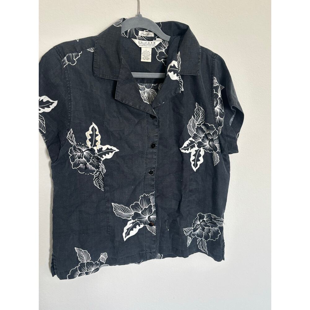 Pure Linen Black White Floral Hawaiian Resort Button Up Shirt Womens Large